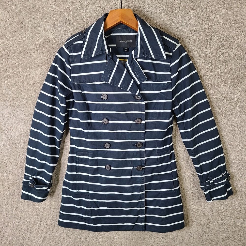 Banana Republic Jacket Women XS Blue White Striped Double Breasted Trench Coat - Picture 1 of 11